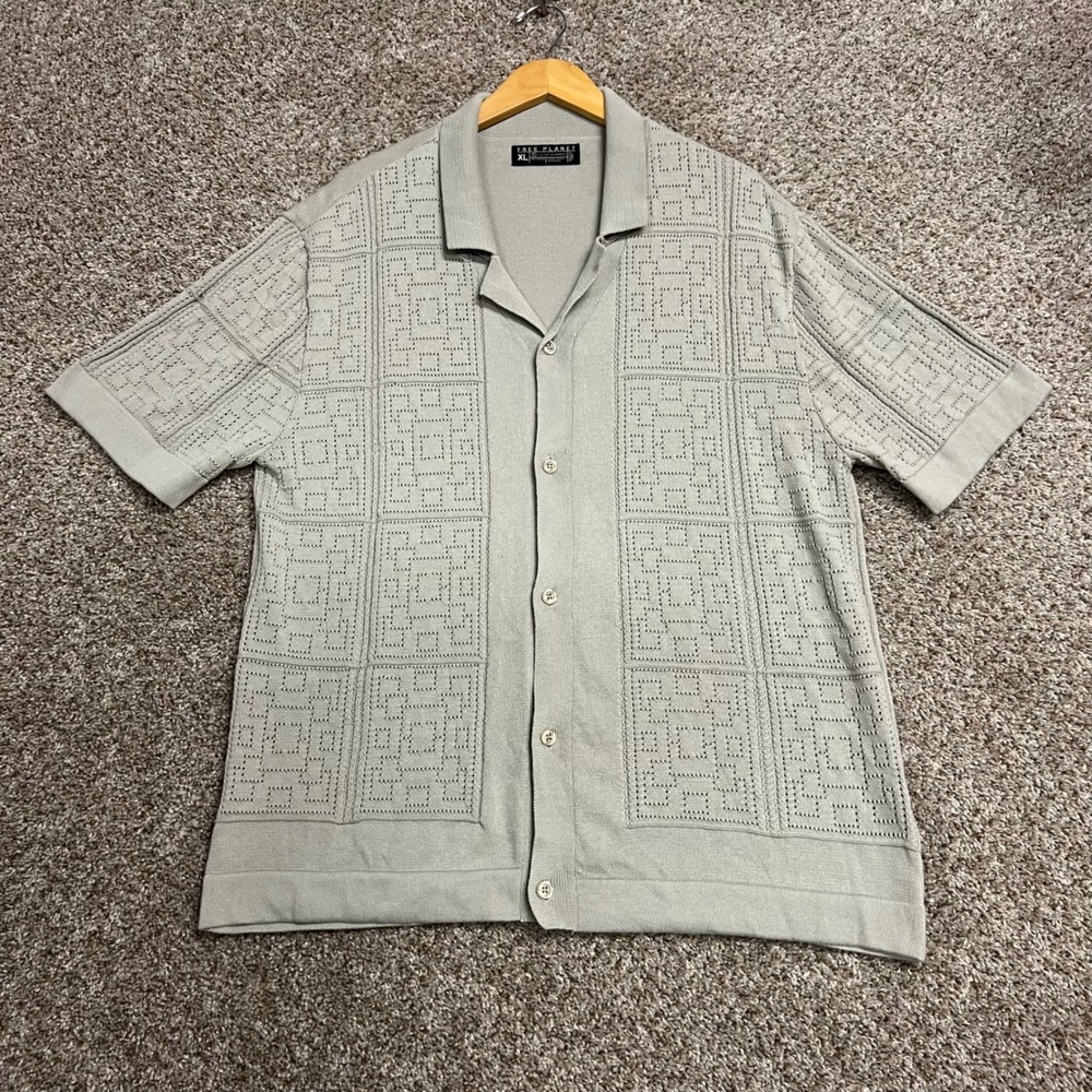Free Planet Mens XL Sage Green Geometric Knit Short Sleeve Button Down Shirt